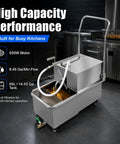 Top Shelf Heavy Duty Commercial Deep Fryer Oil Filter Machine 55 Liter 14 Gallon with steel tank and hose in busy kitchen.