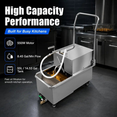 Top Shelf Heavy Duty Commercial Deep Fryer Oil Filter Machine 55 Liter 14 Gallon with steel tank and hose in busy kitchen.
