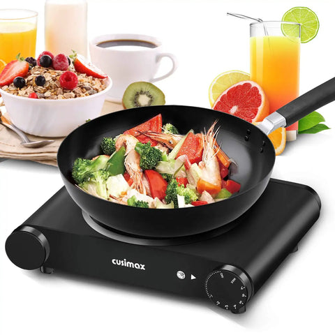 Portable 1200W Infrared Electric Stove With Quick Heat 7 Inch Ceramic Glass Burner For Dorm Office Home Or Camping Works With All Cookware Upgraded Version with a pan of vegetables on top and breakfast items.