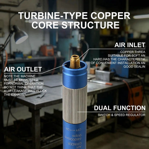 Top Shelf 1/8 Inch Pencil Air Die Grinder Rock Solid Pneumatic Rotary Tool delivers 56000 RPM with turbine-type copper core structure.