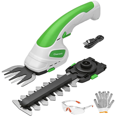Go To 2 In 1 Grass Shear And Hedge Trimmer For Small Bushes And Lawns Cordless Handheld Electric Tool With accessories displayed