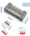 Five Sets Of Four-Position Dual-Row Screw Terminal Blocks, 600V 15A, Heavy Duty Strip With Barrier Jumpers, Includes Ten Jumpers In Black And Red, Perfect For Pro Electronics Projects And DIY Power Distribution Gear; 4-position block with jumper size view