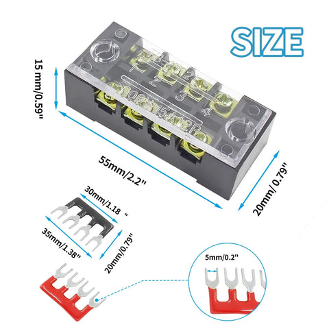 Five Sets Of Four-Position Dual-Row Screw Terminal Blocks, 600V 15A, Heavy Duty Strip With Barrier Jumpers, Includes Ten Jumpers In Black And Red, Perfect For Pro Electronics Projects And DIY Power Distribution Gear; 4-position block with jumper size view