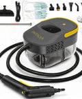 Entalva Heavy Duty 1600W Handheld Steam Cleaner With Large 1.69 Gallon Tank Reaches 230 Degrees Fast 15 Second Heatup showing accessories and steam nozzle.