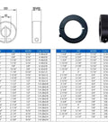 Diagram and sizes of 4 Pack Shaft Collars 1-1/2 Inch Bore Split Clamp On 1045 Steel With M4 Set Screws 2-3/8 Inch Outer Diameter 9/16 Inch Thickness
