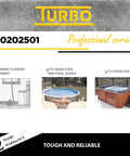 Turbo T0202501 image showing drainage solutions for basement, pool, and spa; "Tough and Reliable, 2 Years Warranty" label included.