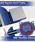 Close-up of 4 Inch Bench Vise with 360 Degree Swivel Base, featuring solid anvil table and flexible chassis, blue finish.