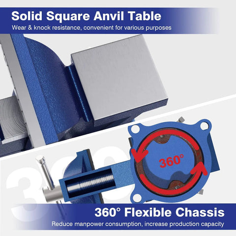 Close-up of 4 Inch Bench Vise with 360 Degree Swivel Base, featuring solid anvil table and flexible chassis, blue finish.