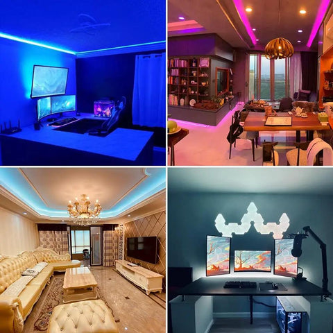 Various room setups illuminated with Zigbee 3.0 RGBCCT LED Strip Controller Pro Voice Control With Alexa App And Remote lighting.