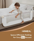 Toddler Bed Rail 59 Inch Extra Long Swing Down Guard with Double Reinforced Stability Foldable Metal Safety Guard for King Queen Full Twin Beds White Finish with child climbing on bed