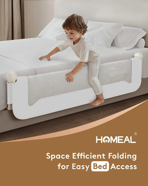 Toddler Bed Rail 59 Inch Extra Long Swing Down Guard with Double Reinforced Stability Foldable Metal Safety Guard for King Queen Full Twin Beds White Finish with child climbing on bed