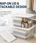 Super Spacious 58 Quart Clear Storage Bins With Easy Snap Lids Heavy Duty Stackable Plastic Organizer Boxes For Closet And Pantry, neatly stacked with blankets and toys.