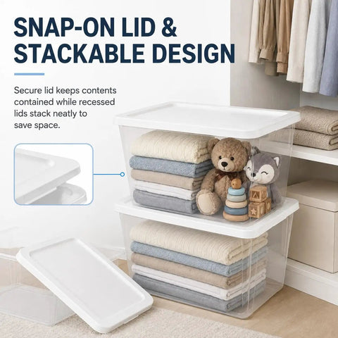Super Spacious 58 Quart Clear Storage Bins With Easy Snap Lids Heavy Duty Stackable Plastic Organizer Boxes For Closet And Pantry, neatly stacked with blankets and toys.
