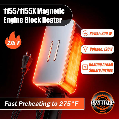 Magnetic Engine Block Heater for Cars and Small Engines with 275°F preheating and magnetic mount for oil pans.