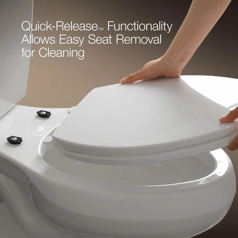 Person demonstrating the ReadyLatch Quiet Close Elongated Toilet Seat With Grip Tight Hardware Easy Above Bowl Install Soft Close Locking Hinge Detachable For Cleaning White Finish Built For New Home Essentials showing quick-release functionality for easy cleaning.