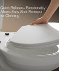 Hand lifting elongated closed front toilet seat with cover showing Quick-Release functionality; durable polypropylene; stain resistant finish.