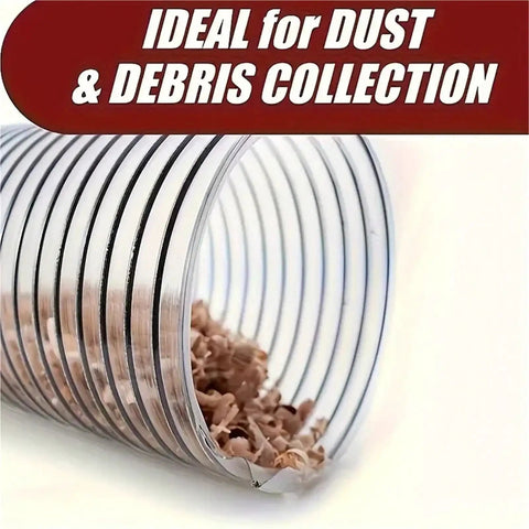 Clear 100mm PVC Bellows Hose For Dust Extraction In The Shop Flexible Corrugated Design Lets You Bend At Any Angle Without Collapsing Or Blocking Airflow See Through Material Reveals Dust Build Up And Keeps Your System Flowing. 100mm clear PVC hose with dust and debris