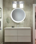 Bathroom with Dope 4 Light Bathroom Vanity Light Fixture With Brushed Nickel Finish and round mirror.