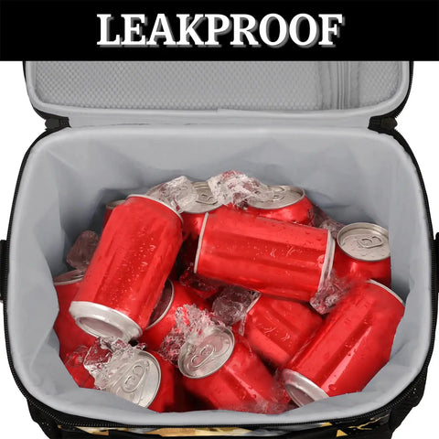 Open insulated picnic backpack with red soda cans and ice, leakproof interior. Insulated Picnic Backpack Keeps Food Fresh All Day.