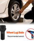 Person installing BMW M14x1.25 Wheel Lug Bolts Set 5 Pack Black Steel Locking Lug Nuts on car wheel with wrench