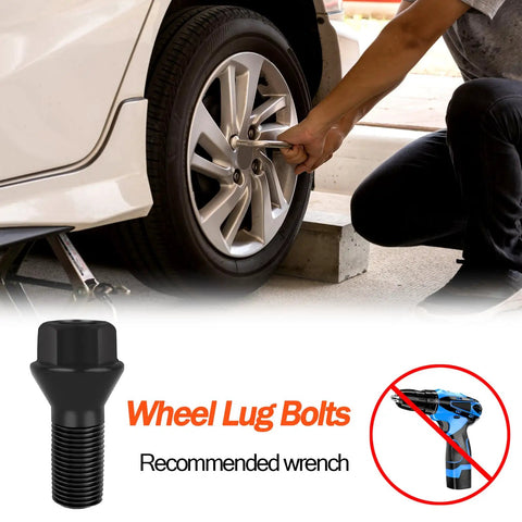 Person installing BMW M14x1.25 Wheel Lug Bolts Set 5 Pack Black Steel Locking Lug Nuts on car wheel with wrench