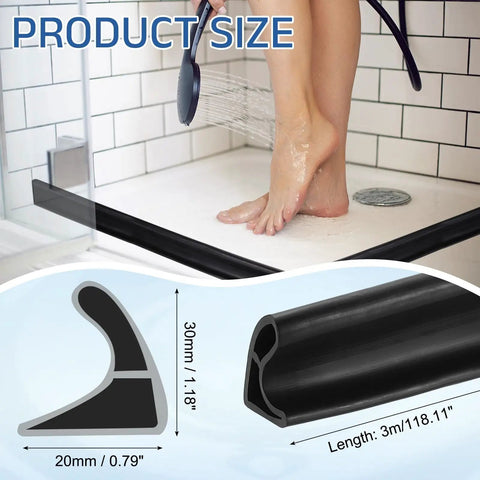 Flexible Shower Water Barrier Edge Guard 118 Inch TPE Splash Stopper shown in shower with dimensions and product design