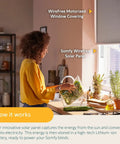Woman in kitchen with Wirefree Li Ion Solar Panel Kit 2 Pack For RTS Motorized Shades And Blinds, solar panel charging shades.