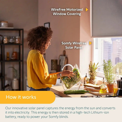 Woman in kitchen with Wirefree Li Ion Solar Panel Kit 2 Pack For RTS Motorized Shades And Blinds, solar panel charging shades.