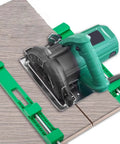 Essential Cutting Machine Base Plate Guide With Circular Clip For Precision Straight Cuts In Workshops And Home Improvement Projects, showing a power saw mounted on a wooden board.