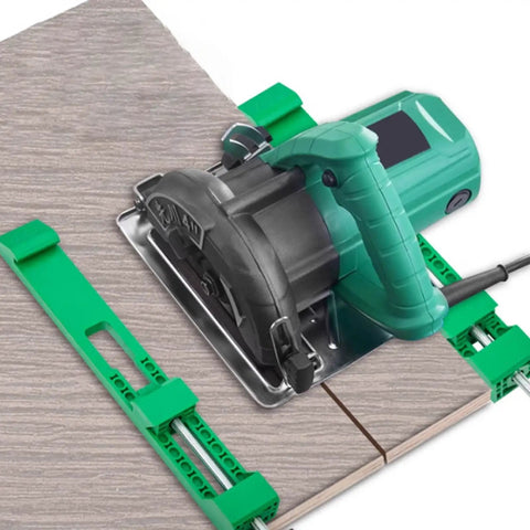 Essential Cutting Machine Base Plate Guide With Circular Clip For Precision Straight Cuts In Workshops And Home Improvement Projects, showing a power saw mounted on a wooden board.