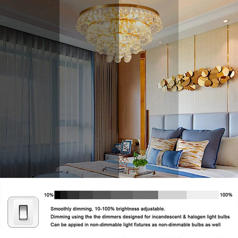 G9 Halogen Bulb 40 Watt 120 Volt Dimmable T4 Bi Pin Base For Chandeliers shown in a living room setting with dimming switch chart