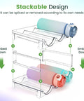 Heavy Duty Water Bottle Organizer For Cabinet Stackable Pantry Storage Rack Clear Shatter Proof Holder No Sweat Organization Big Time Space Saver Used For Kitchen Counter And Fridge Two Pack with stacked design and water bottles.