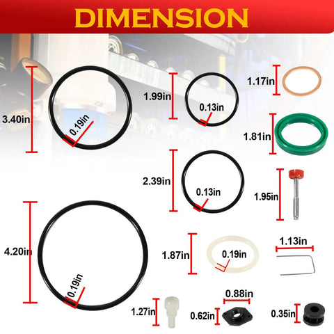 Heavy Duty Repair Kit for Graco Fire Ball 300 5 to 1 Pumps Fits Fire Ball Pro Grade Upgrade 203857 203872 203876 204254 222087 Includes Upper and Lower Seal Assemblies Viton and Urethane Parts dimension layout with seals and hardware