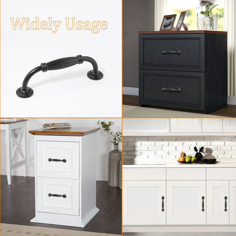 Black Cabinet Handles Set, 3 3/4 Inch Hole Center (96mm), 115mm Overall Length shown on drawers and cabinets