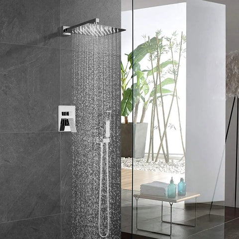 10 Inch Chrome Shower System With Rain Shower Head And High Pressure Handheld Wall Mounted Faucet in modern bathroom