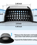 Top Tier Shower Drain Hair Catcher And Bathtub Dome Guard shown with dimensions, made of silicone and stainless steel for efficient clog blocking.