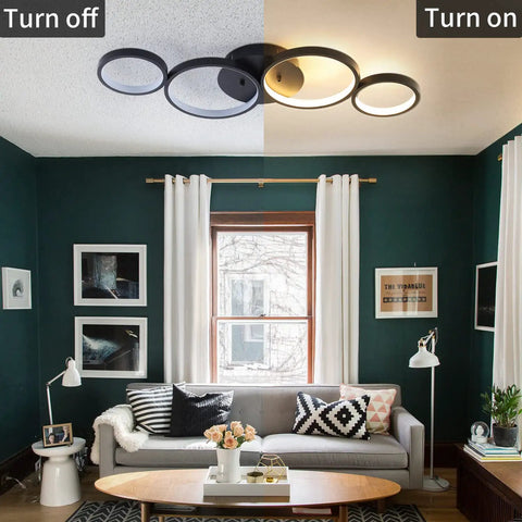 Ultra Sleek Modern LED Flush Mount Ceiling Light With Four Ring Design, 28.7 Inch Black Fixture on and off in living room