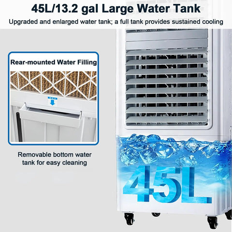 Heavy Duty Evaporative Portable Air Cooler With Beastly 2943 Cfm Airflow And 13.2 Gallon Tank showing large water tank and rear filling feature.