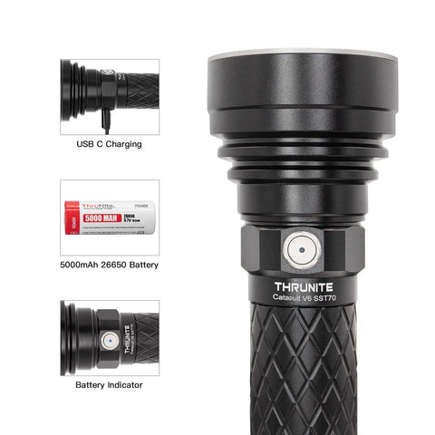 Catapult V6 SST70 USB C Rechargeable Flashlight With 2836 Lumens And 692m Beam Distance components and features displayed