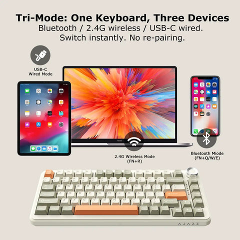 Solid 75 Percent Mechanical Keyboard With Hot Swappable Linear Switches, Gasket Build For Smooth Feel, Tri Mode Wireless, 8000 Mah Battery, Pbt Keycaps With Rgb Backlighting For Gaming And Office Setup Vibes displayed with devices showing connectivity options.