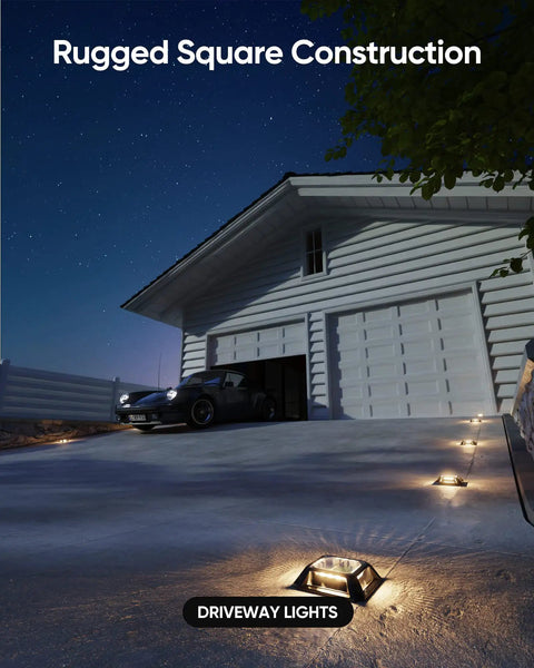 Image of 8 Pack Solar Deck Lights Outdoor Waterproof IP68 LED Pathway Markers lighting up driveway at dusk.