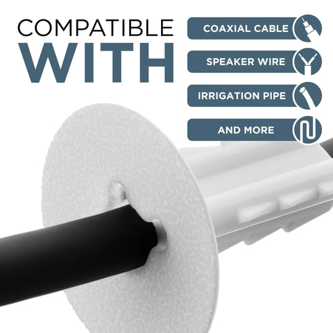 Side view of white RG6 coaxial cable feed-through bushing with circular wall grommet.