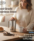 Big Batch French Press Coffee Maker That Will Not Quit Double Wall Stainless Steel Plastic Free Insulated Brewer on wooden table.