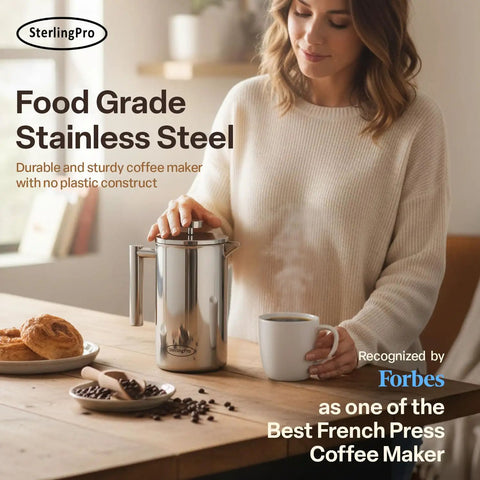 Big Batch French Press Coffee Maker That Will Not Quit Double Wall Stainless Steel Plastic Free Insulated Brewer on wooden table.