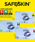 Front view of SAFESKIN nitrile exam glove boxes, 200-count, sizes S/M/L, light blue packaging
