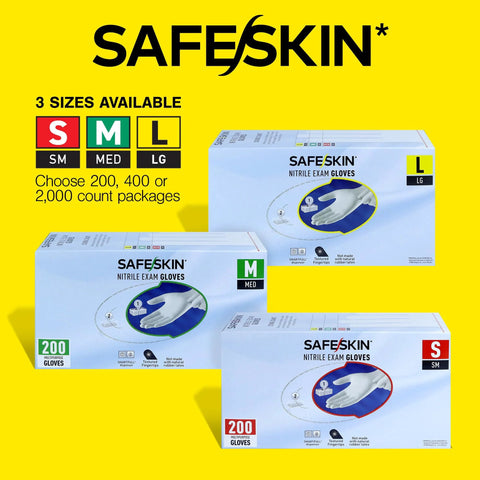 Safeskin nitrile exam gloves box set, 200-count, sizes S, M, L, powder-free