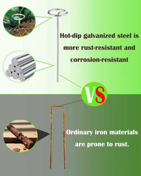 Comparison of hot-dip galvanized steel versus ordinary iron showing rust-resistant qualities of landscape staples.
