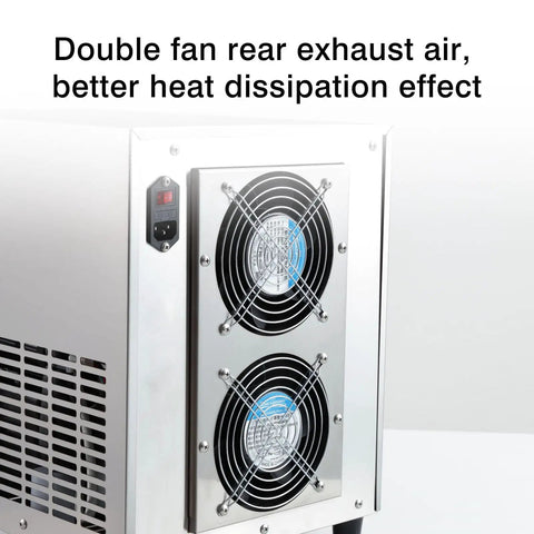 Double fan cooling system of Commercial Snowflake Ice Machine Making Two Seventy Five Pounds Daily automatic shaved ice maker.