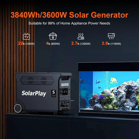 3600W Portable Power Station With 3840Wh Large Capacity next to aquarium, showing compatibility for home appliances.