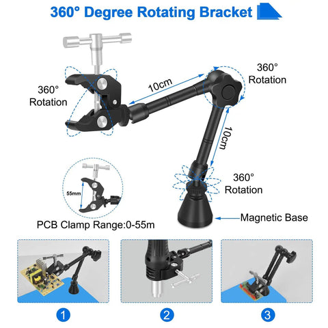 360° rotating bracket of Magnetic Helping Hands Soldering Third Hand Tools With Pro Grade Lighted Solder Fume Extractor and Vise Clamp.